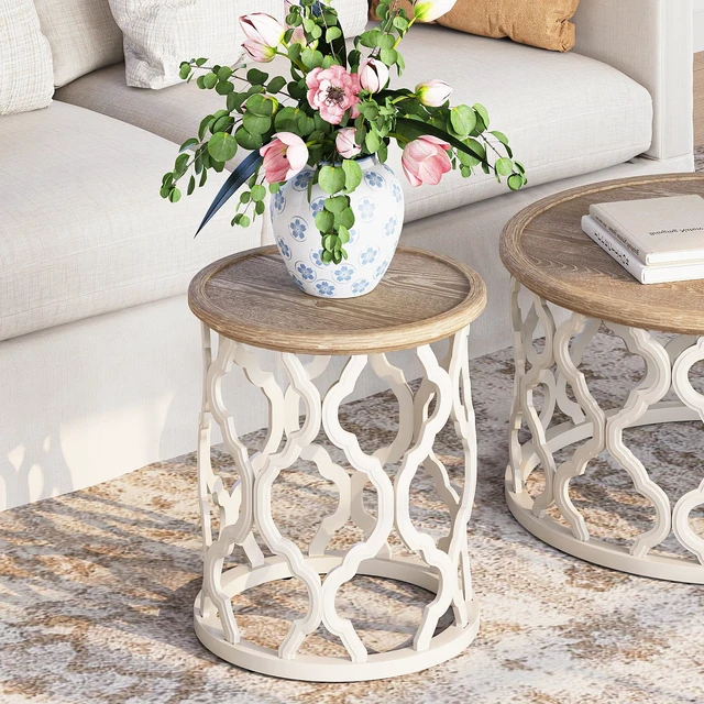 Alt view image 4 of 7 - Farmhouse End Table, French Country Tray Round Side Table, Beige | Curved Motif Frame Base With Distressed Tray Top, Boho Accent Table Ideal, End Tables for Living Room, Small Space, Bedroom