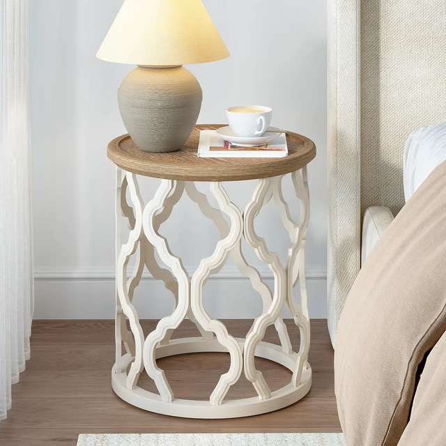 Alt view image 6 of 7 - Farmhouse End Table, French Country Tray Round Side Table, Beige | Curved Motif Frame Base With Distressed Tray Top, Boho Accent Table Ideal, End Tables for Living Room, Small Space, Bedroom