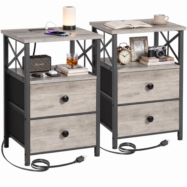 Main image of Nightstands Set of 2, Large Night Stand with Charging Station | Bedside Table with 2 Fabric Drawers, End Side Tables Living Room, with Open Shelf, USB Ports Outlets, for Bedroom, Grey