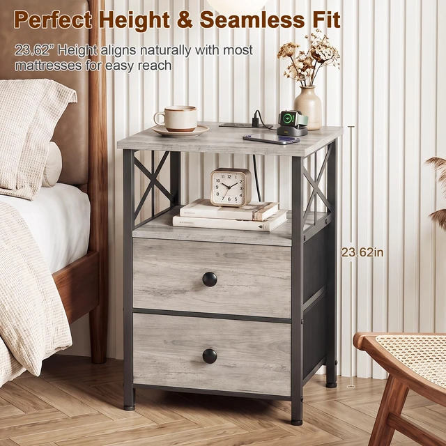 Alt view image 2 of 7 - Nightstands Set of 2, Large Night Stand with Charging Station | Bedside Table with 2 Fabric Drawers, End Side Tables Living Room, with Open Shelf, USB Ports Outlets, for Bedroom, Grey