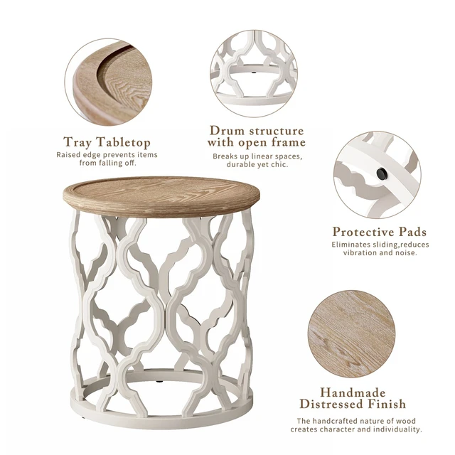Alt view image 7 of 7 - Farmhouse End Table, French Country Tray Round Side Table, Beige | Curved Motif Frame Base With Distressed Tray Top, Boho Accent Table Ideal, End Tables for Living Room, Small Space, Bedroom