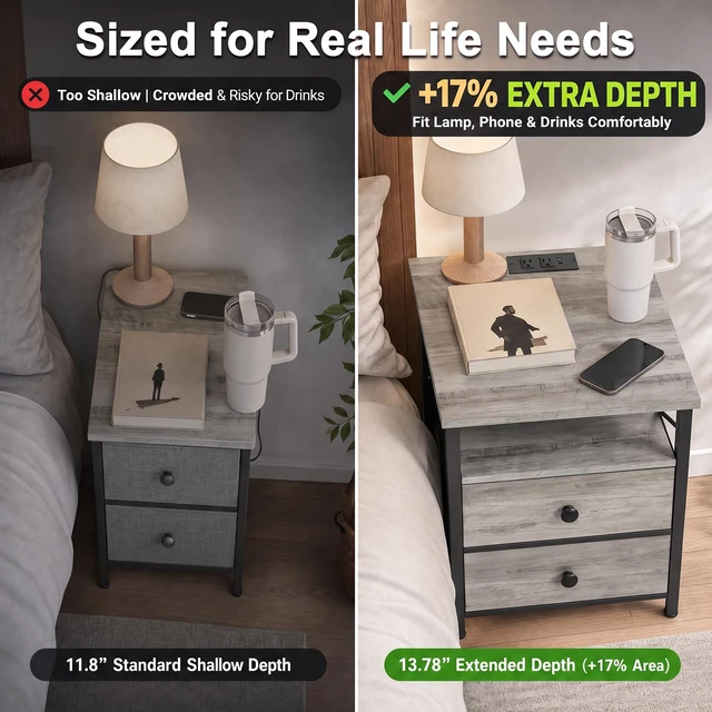 Alt view image 4 of 7 - Nightstands Set of 2, Large Night Stand with Charging Station | Bedside Table with 2 Fabric Drawers, End Side Tables Living Room, with Open Shelf, USB Ports Outlets, for Bedroom, Grey