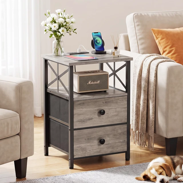 Alt view image 7 of 7 - Nightstands Set of 2, Large Night Stand with Charging Station | Bedside Table with 2 Fabric Drawers, End Side Tables Living Room, with Open Shelf, USB Ports Outlets, for Bedroom, Grey