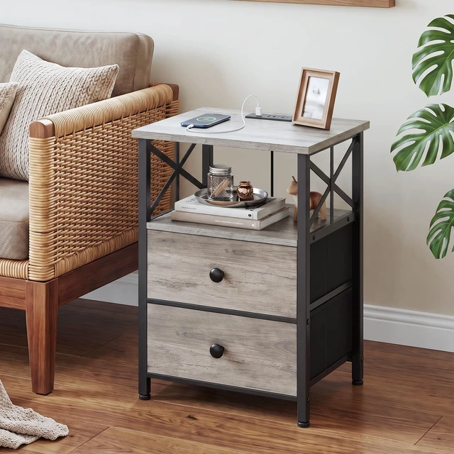 Alt view image 6 of 7 - Nightstands Set of 2, Large Night Stand with Charging Station | Bedside Table with 2 Fabric Drawers, End Side Tables Living Room, with Open Shelf, USB Ports Outlets, for Bedroom, Grey