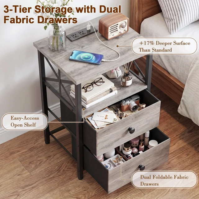 Alt view image 5 of 7 - Nightstands Set of 2, Large Night Stand with Charging Station | Bedside Table with 2 Fabric Drawers, End Side Tables Living Room, with Open Shelf, USB Ports Outlets, for Bedroom, Grey