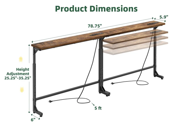 Alt view image 3 of 7 - 78.75 Console Table, Narrow Behind Couch Table, Adjustable Sofa Tables with Outlet, for Living Room, Rustic Brown