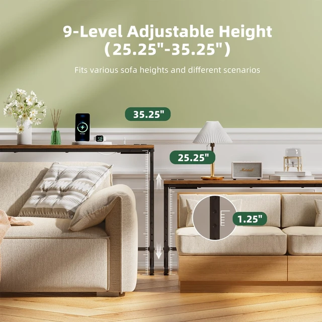 Alt view image 5 of 7 - 78.75 Console Table, Narrow Behind Couch Table, Adjustable Sofa Tables with Outlet, for Living Room, Rustic Brown