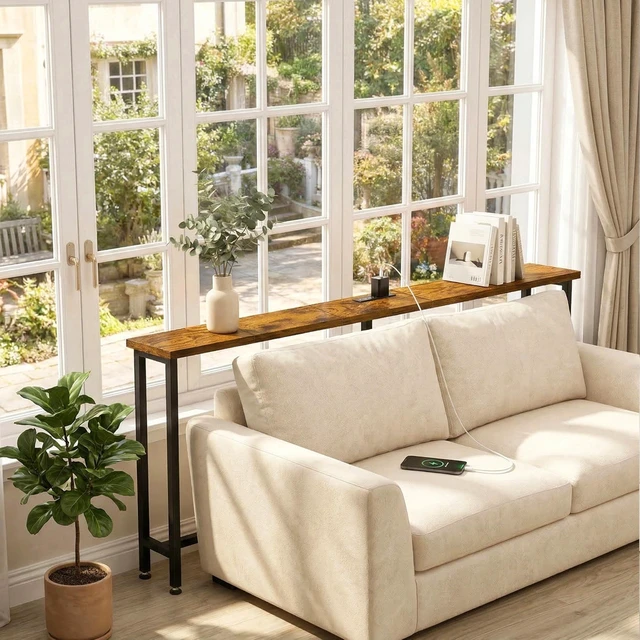 Alt view image 2 of 7 - 78" Narrow Sofa Table with Outlet (2 AC Outlets & 2 USB Ports), Behind Couch Table with Charging Station, Long Skinny Console Table for Living Room, Entryway and Hallway (Rustic Brown)