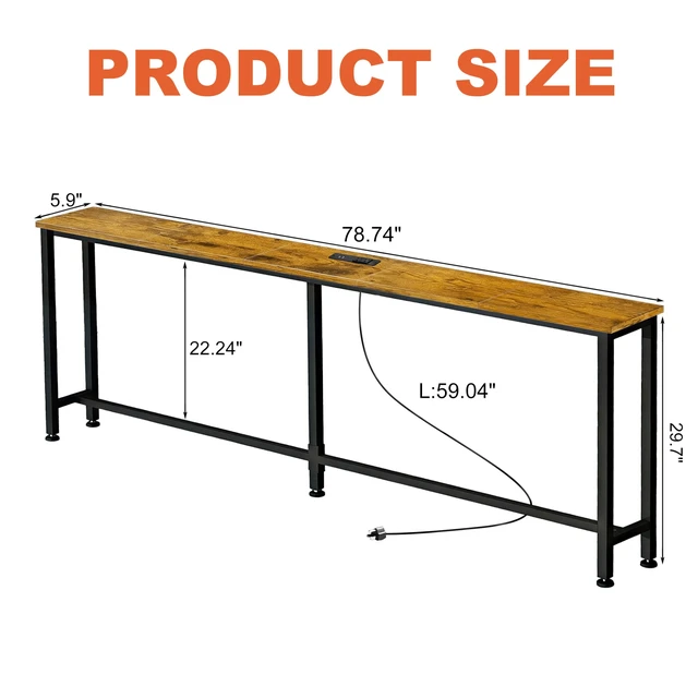 Alt view image 3 of 7 - 78" Narrow Sofa Table with Outlet (2 AC Outlets & 2 USB Ports), Behind Couch Table with Charging Station, Long Skinny Console Table for Living Room, Entryway and Hallway (Rustic Brown)