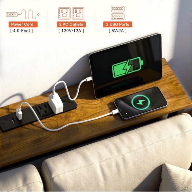 Alt view image 4 of 7 - 78" Narrow Sofa Table with Outlet (2 AC Outlets & 2 USB Ports), Behind Couch Table with Charging Station, Long Skinny Console Table for Living Room, Entryway and Hallway (Rustic Brown)