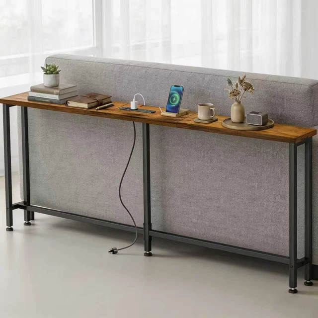 Alt view image 6 of 7 - 78" Narrow Sofa Table with Outlet (2 AC Outlets & 2 USB Ports), Behind Couch Table with Charging Station, Long Skinny Console Table for Living Room, Entryway and Hallway (Rustic Brown)