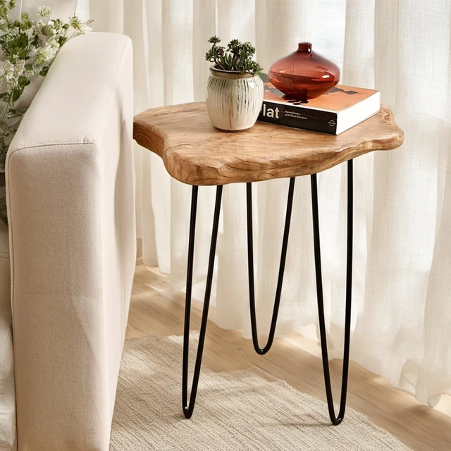 Main image of Live Edge Cedar End Table with Hairpin Legs, 20.5" H | Live edge cedar tabletop and black hairpin legs create a handcrafted accent table with natural character and modern style