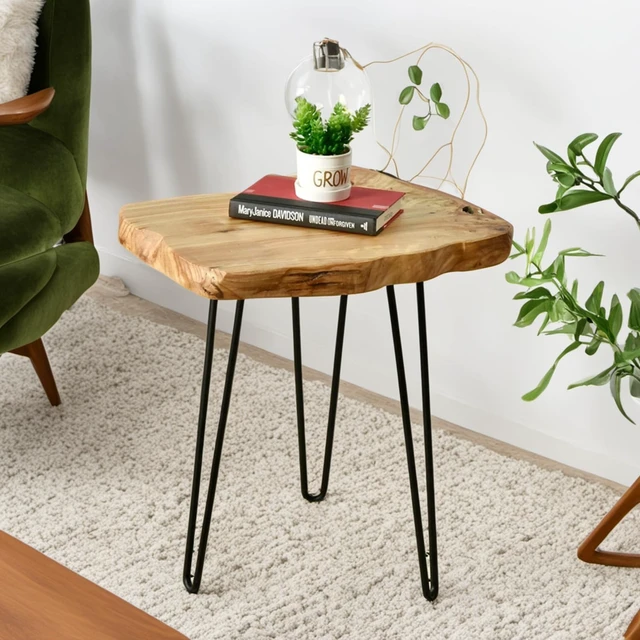 Alt view image 2 of 7 - Live Edge Cedar End Table with Hairpin Legs, 20.5" H | Live edge cedar tabletop and black hairpin legs create a handcrafted accent table with natural character and modern style