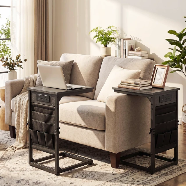 Alt view image 2 of 7 - C Shaped End Table with Charging Station, TV Trays, Set of 2 | Couch Side Tables That Slide Under Sofa for Eating, with Storage Bag, USB Ports, for Living Room, Bedroom, Dark Grey