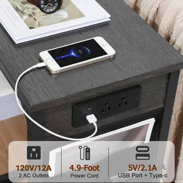 Alt view image 3 of 7 - C Shaped End Table with Charging Station, TV Trays, Set of 2 | Couch Side Tables That Slide Under Sofa for Eating, with Storage Bag, USB Ports, for Living Room, Bedroom, Dark Grey