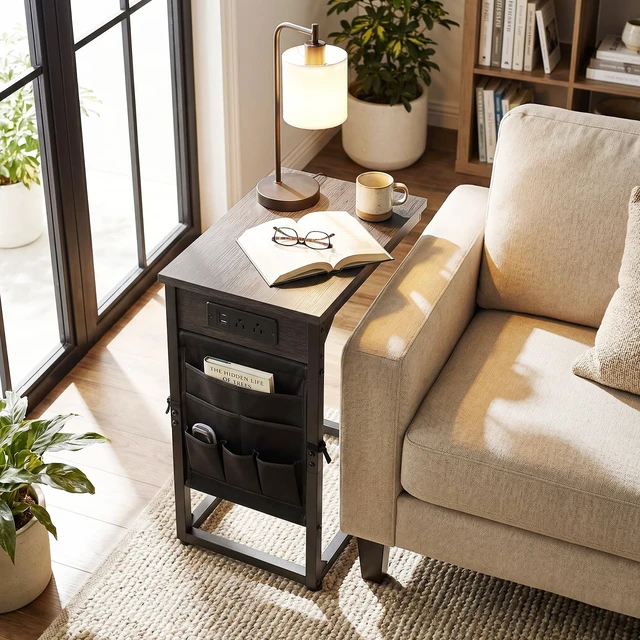 Alt view image 4 of 7 - C Shaped End Table with Charging Station, TV Trays, Set of 2 | Couch Side Tables That Slide Under Sofa for Eating, with Storage Bag, USB Ports, for Living Room, Bedroom, Dark Grey