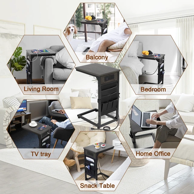 Alt view image 5 of 7 - C Shaped End Table with Charging Station, TV Trays, Set of 2 | Couch Side Tables That Slide Under Sofa for Eating, with Storage Bag, USB Ports, for Living Room, Bedroom, Dark Grey