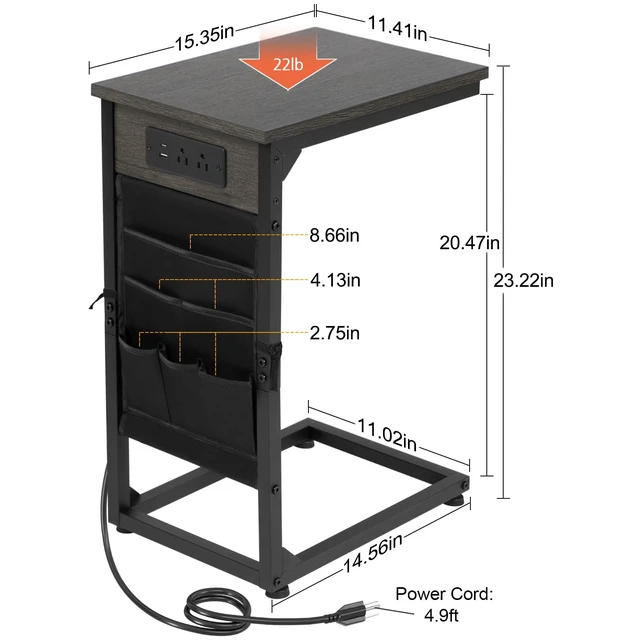 Alt view image 6 of 7 - C Shaped End Table with Charging Station, TV Trays, Set of 2 | Couch Side Tables That Slide Under Sofa for Eating, with Storage Bag, USB Ports, for Living Room, Bedroom, Dark Grey