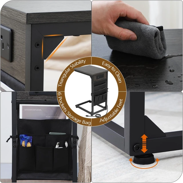 Alt view image 7 of 7 - C Shaped End Table with Charging Station, TV Trays, Set of 2 | Couch Side Tables That Slide Under Sofa for Eating, with Storage Bag, USB Ports, for Living Room, Bedroom, Dark Grey