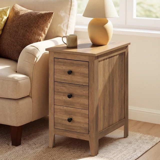 Main image of Side End Table with 3 Storage Drawers, Nightstand Farmhouse | Narrow Bedside Table for Living Room, Bedroom, Home Office, Honey Brown, LIRY Collection ULET132K101S
