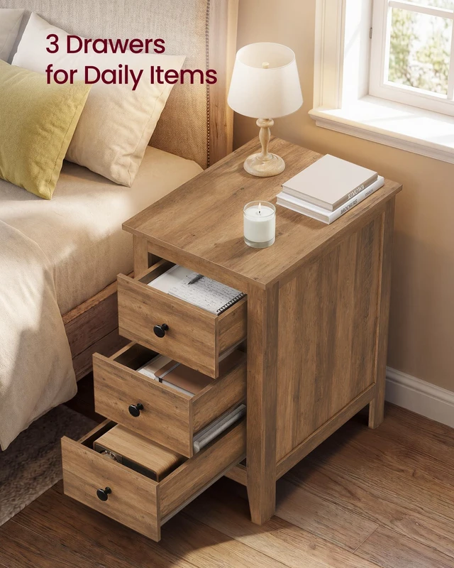 Alt view image 2 of 5 - Side End Table with 3 Storage Drawers, Nightstand Farmhouse | Narrow Bedside Table for Living Room, Bedroom, Home Office, Honey Brown, LIRY Collection ULET132K101S