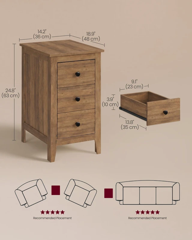 Alt view image 5 of 5 - Side End Table with 3 Storage Drawers, Nightstand Farmhouse | Narrow Bedside Table for Living Room, Bedroom, Home Office, Honey Brown, LIRY Collection ULET132K101S