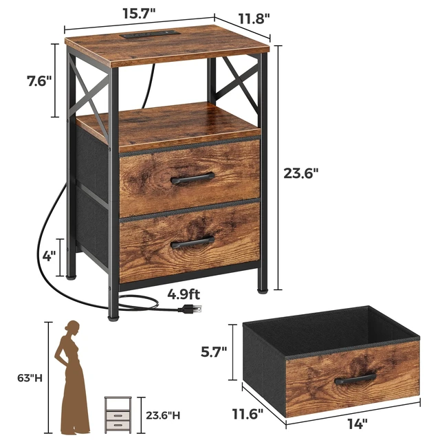 Alt view image 3 of 7 - Night Stand with Charger Station, USB-C Port, End Table | 2 Fabric Drawer Nightstand with Open Shelf, Bedside Table, Compact Size for Small Spaces, X Shaped Side Rail,Rustic Brown