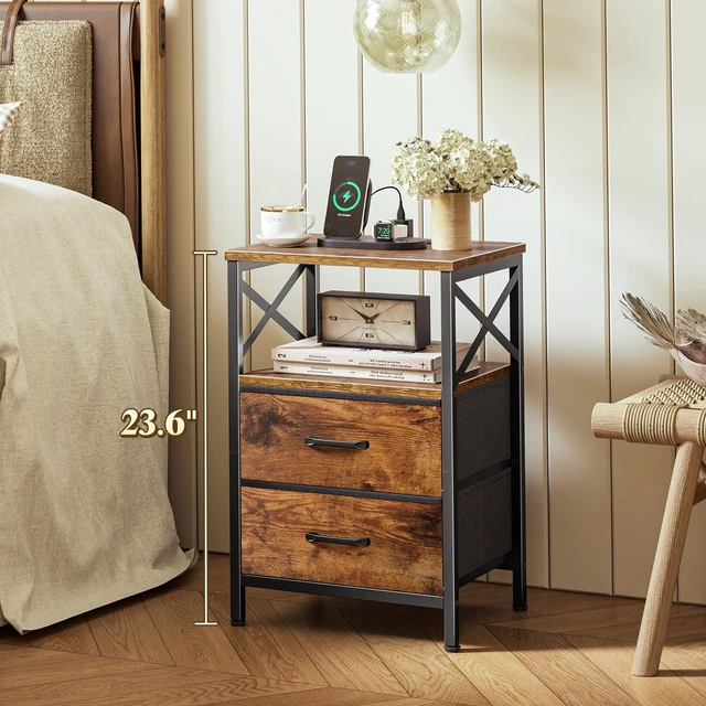 Alt view image 2 of 7 - Night Stand with Charger Station, USB-C Port, End Table | 2 Fabric Drawer Nightstand with Open Shelf, Bedside Table, Compact Size for Small Spaces, X Shaped Side Rail,Rustic Brown