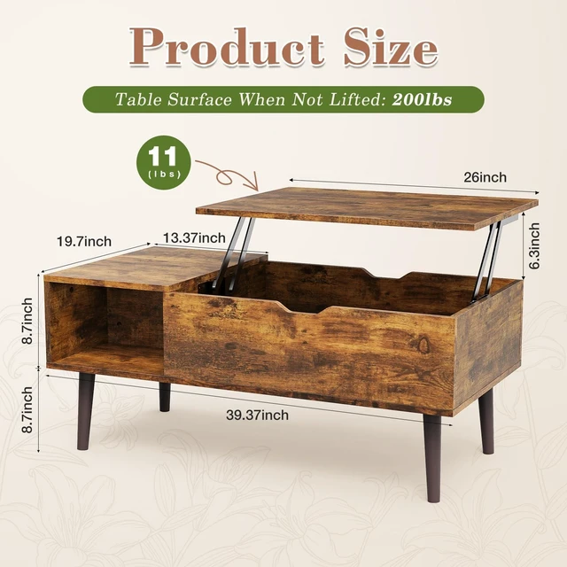 Alt view image 2 of 7 - Wooden Coffee Table, Lift Top Coffee Table with Large Hidden Compartment and Ample Storage Shelf, Lift Tabletop Dining Table for Living Room, Home Small Space, Rustic