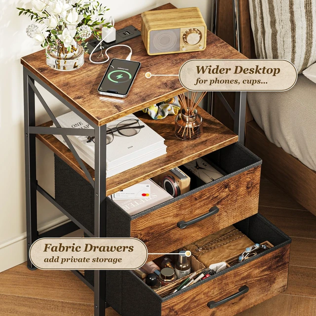 Alt view image 5 of 7 - Night Stand with Charger Station, USB-C Port, End Table | 2 Fabric Drawer Nightstand with Open Shelf, Bedside Table, Compact Size for Small Spaces, X Shaped Side Rail,Rustic Brown