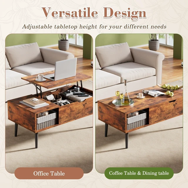 Alt view image 7 of 7 - Wooden Coffee Table, Lift Top Coffee Table with Large Hidden Compartment and Ample Storage Shelf, Lift Tabletop Dining Table for Living Room, Home Small Space, Rustic
