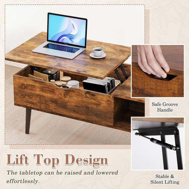 Alt view image 3 of 7 - Wooden Coffee Table, Lift Top Coffee Table with Large Hidden Compartment and Ample Storage Shelf, Lift Tabletop Dining Table for Living Room, Home Small Space, Rustic