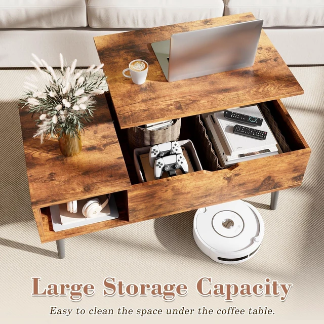 Alt view image 5 of 7 - Wooden Coffee Table, Lift Top Coffee Table with Large Hidden Compartment and Ample Storage Shelf, Lift Tabletop Dining Table for Living Room, Home Small Space, Rustic