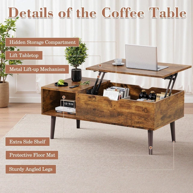 Alt view image 6 of 7 - Wooden Coffee Table, Lift Top Coffee Table with Large Hidden Compartment and Ample Storage Shelf, Lift Tabletop Dining Table for Living Room, Home Small Space, Rustic