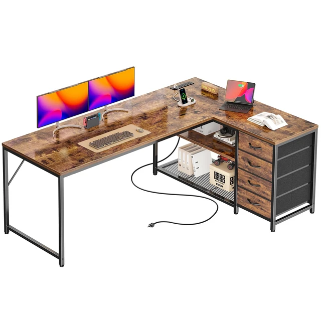 Main image of 61" L Shaped Desk with Power Outlets & 4 Drawers | Reversible Computer Desk with 2 Storage Shelves, Large Corner Office Desk for Gaming Writing Work Study, Rustic Brown