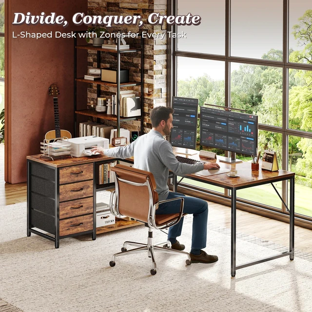 Alt view image 2 of 7 - 61" L Shaped Desk with Power Outlets & 4 Drawers | Reversible Computer Desk with 2 Storage Shelves, Large Corner Office Desk for Gaming Writing Work Study, Rustic Brown