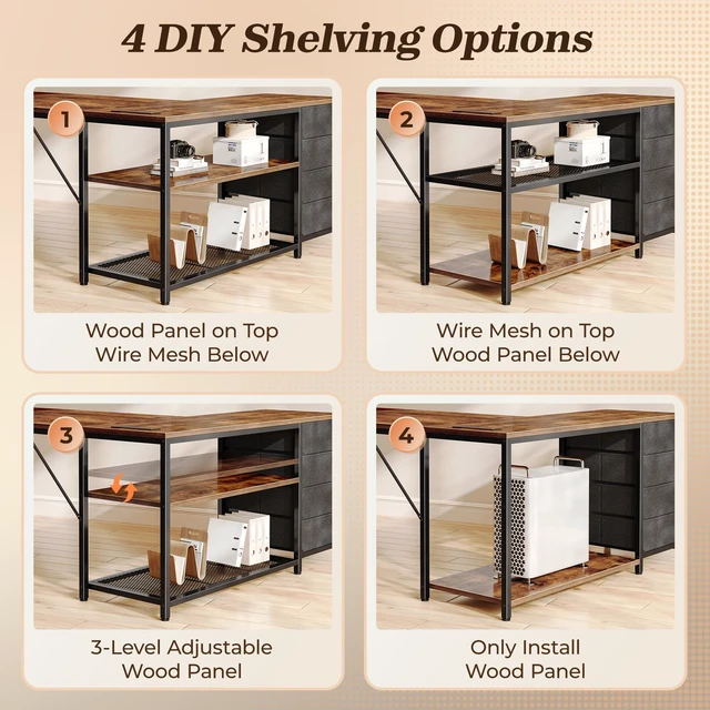 Alt view image 4 of 7 - 61" L Shaped Desk with Power Outlets & 4 Drawers | Reversible Computer Desk with 2 Storage Shelves, Large Corner Office Desk for Gaming Writing Work Study, Rustic Brown