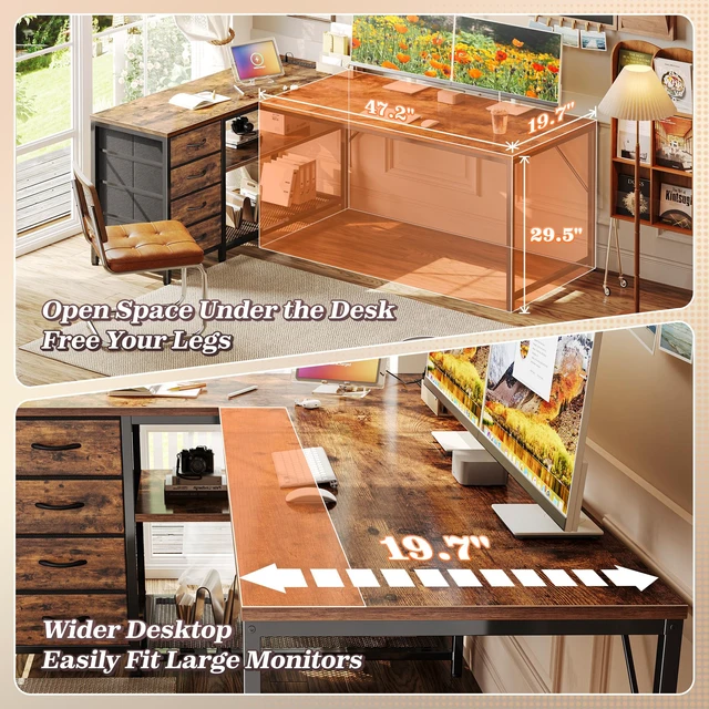 Alt view image 5 of 7 - 61" L Shaped Desk with Power Outlets & 4 Drawers | Reversible Computer Desk with 2 Storage Shelves, Large Corner Office Desk for Gaming Writing Work Study, Rustic Brown