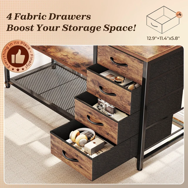 Alt view image 6 of 7 - 61" L Shaped Desk with Power Outlets & 4 Drawers | Reversible Computer Desk with 2 Storage Shelves, Large Corner Office Desk for Gaming Writing Work Study, Rustic Brown
