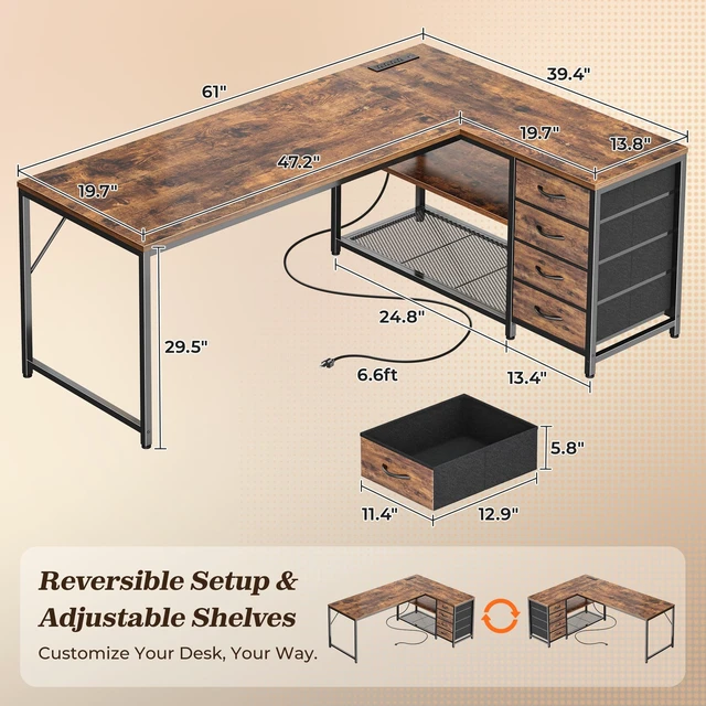 Alt view image 7 of 7 - 61" L Shaped Desk with Power Outlets & 4 Drawers | Reversible Computer Desk with 2 Storage Shelves, Large Corner Office Desk for Gaming Writing Work Study, Rustic Brown