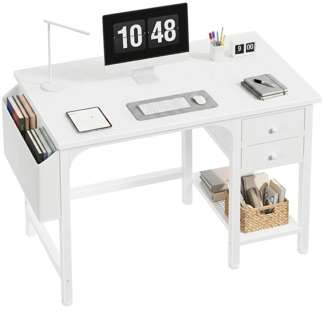 Main image of White Small Desk with Drawers - 40 Inch Computer Desk for Small Space Home Office, Modern Simple Study Writing Table PC Desks