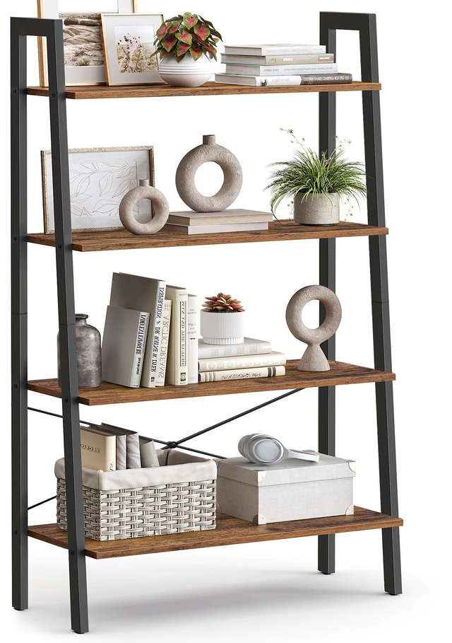 Main image of Ladder Shelf, Bookcase Book Shelf, Storage Shelves, 4-Tier, 31.5In | Bookshelves, Narrow bookshelf, Toddler bookshelf, Kitchen, Rustic Brown and Matte Black, BARNET Collection ULLS144B01