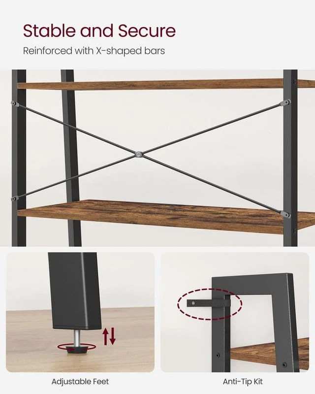 Alt view image 5 of 6 - Ladder Shelf, Bookcase Book Shelf, Storage Shelves, 4-Tier, 31.5In | Bookshelves, Narrow bookshelf, Toddler bookshelf, Kitchen, Rustic Brown and Matte Black, BARNET Collection ULLS144B01