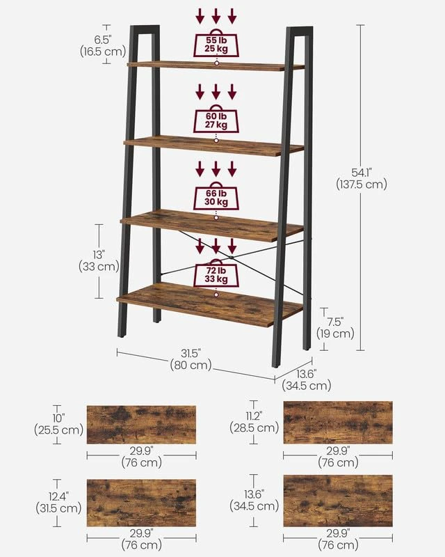 Alt view image 6 of 6 - Ladder Shelf, Bookcase Book Shelf, Storage Shelves, 4-Tier, 31.5In | Bookshelves, Narrow bookshelf, Toddler bookshelf, Kitchen, Rustic Brown and Matte Black, BARNET Collection ULLS144B01