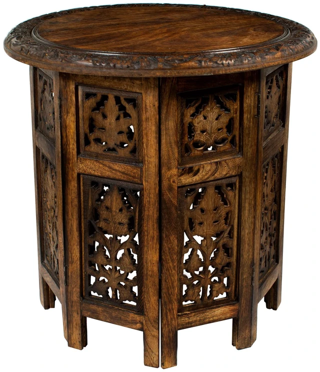 Main image of Solid Wood End Table - Hand Carved Folding Accent Side Table | Jaipur Antique Brown 18x18 inch Round Table - No Tools Assembly - Small Spaces Entryway Farmhouse Living Room Bedside Table