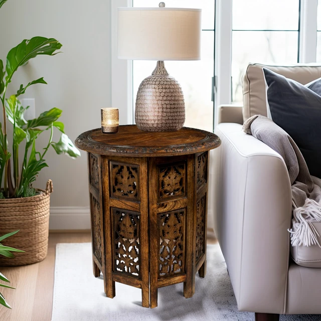 Alt view image 2 of 7 - Solid Wood End Table - Hand Carved Folding Accent Side Table | Jaipur Antique Brown 18x18 inch Round Table - No Tools Assembly - Small Spaces Entryway Farmhouse Living Room Bedside Table