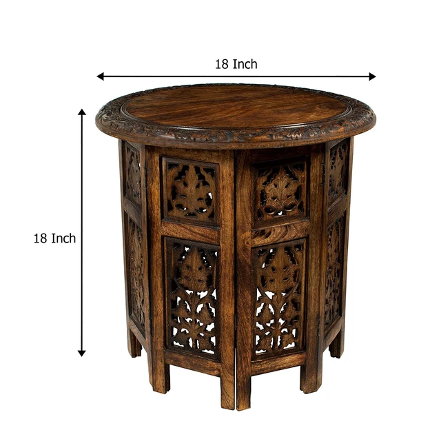 Alt view image 5 of 7 - Solid Wood End Table - Hand Carved Folding Accent Side Table | Jaipur Antique Brown 18x18 inch Round Table - No Tools Assembly - Small Spaces Entryway Farmhouse Living Room Bedside Table