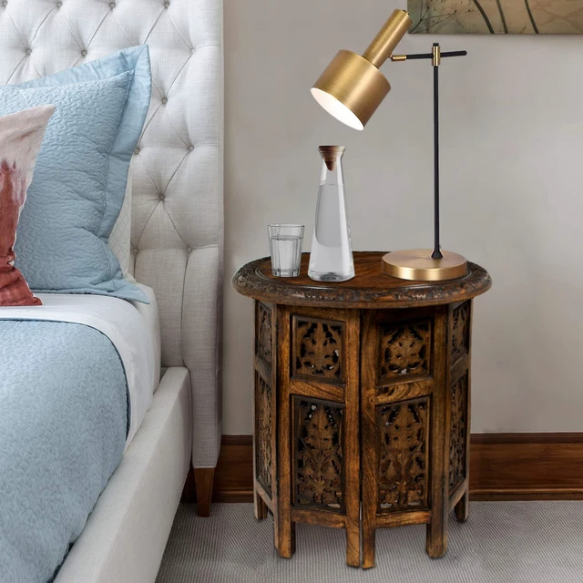 Alt view image 6 of 7 - Solid Wood End Table - Hand Carved Folding Accent Side Table | Jaipur Antique Brown 18x18 inch Round Table - No Tools Assembly - Small Spaces Entryway Farmhouse Living Room Bedside Table