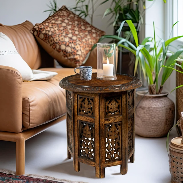 Alt view image 4 of 7 - Solid Wood End Table - Hand Carved Folding Accent Side Table | Jaipur Antique Brown 18x18 inch Round Table - No Tools Assembly - Small Spaces Entryway Farmhouse Living Room Bedside Table