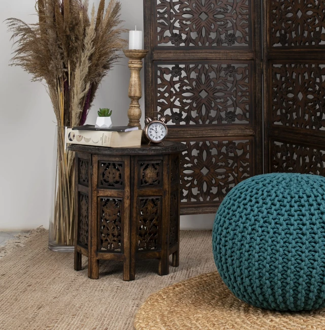 Alt view image 7 of 7 - Solid Wood End Table - Hand Carved Folding Accent Side Table | Jaipur Antique Brown 18x18 inch Round Table - No Tools Assembly - Small Spaces Entryway Farmhouse Living Room Bedside Table